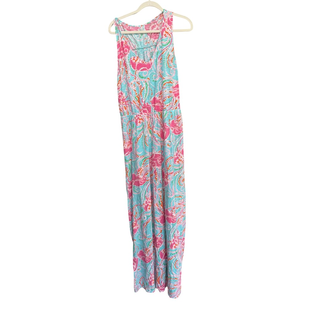 Lilly Pulitzer Pink Blue Elephant Paisley Cotton Slub Maxi Dress XL